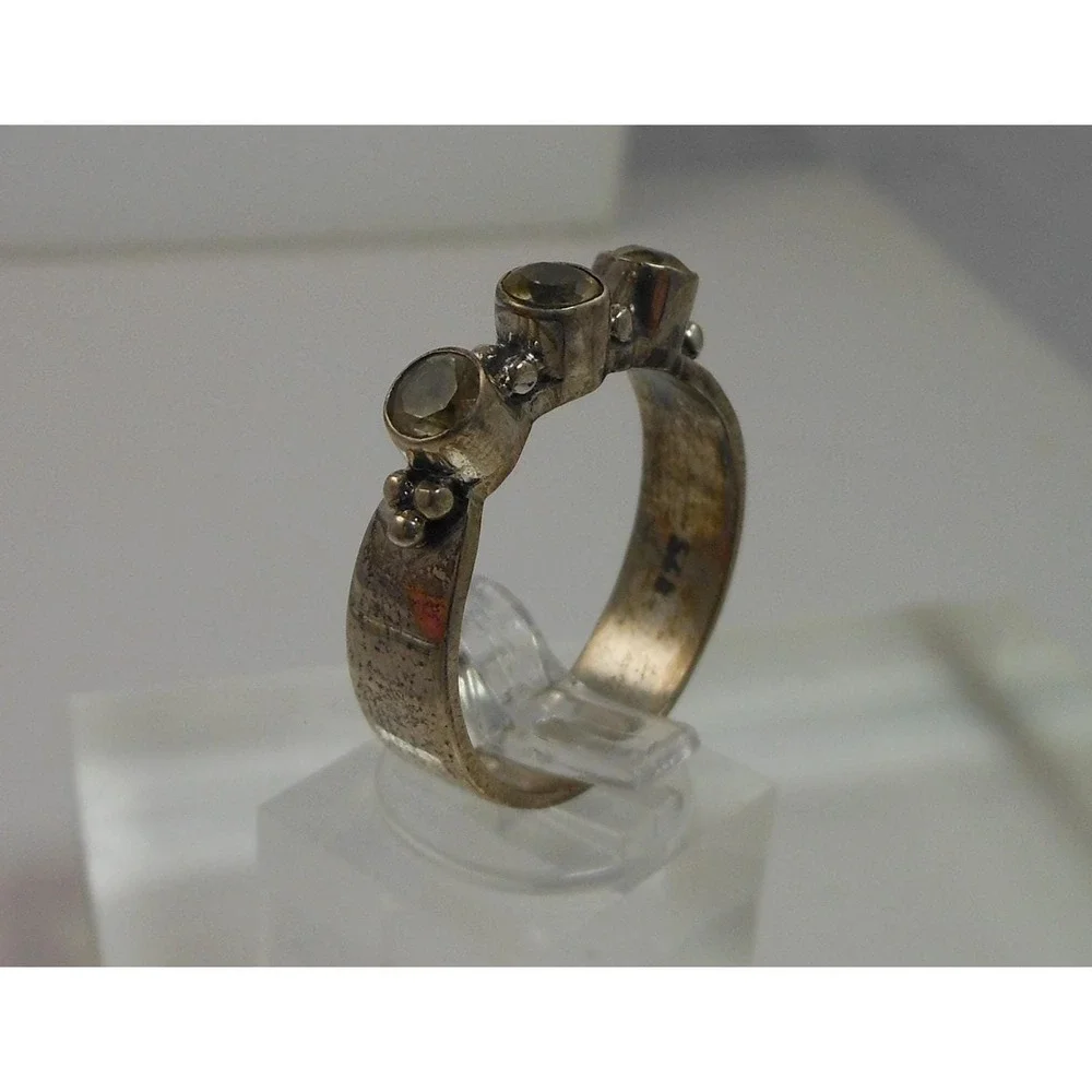Sterling‎ Silver 925 Three Stone Citrine Granulated Artisan Band Ring Size 9.5